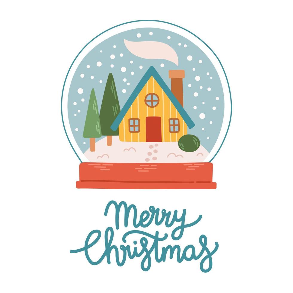 Merry Christmas snow globe lettering flat design isolated vector illustration