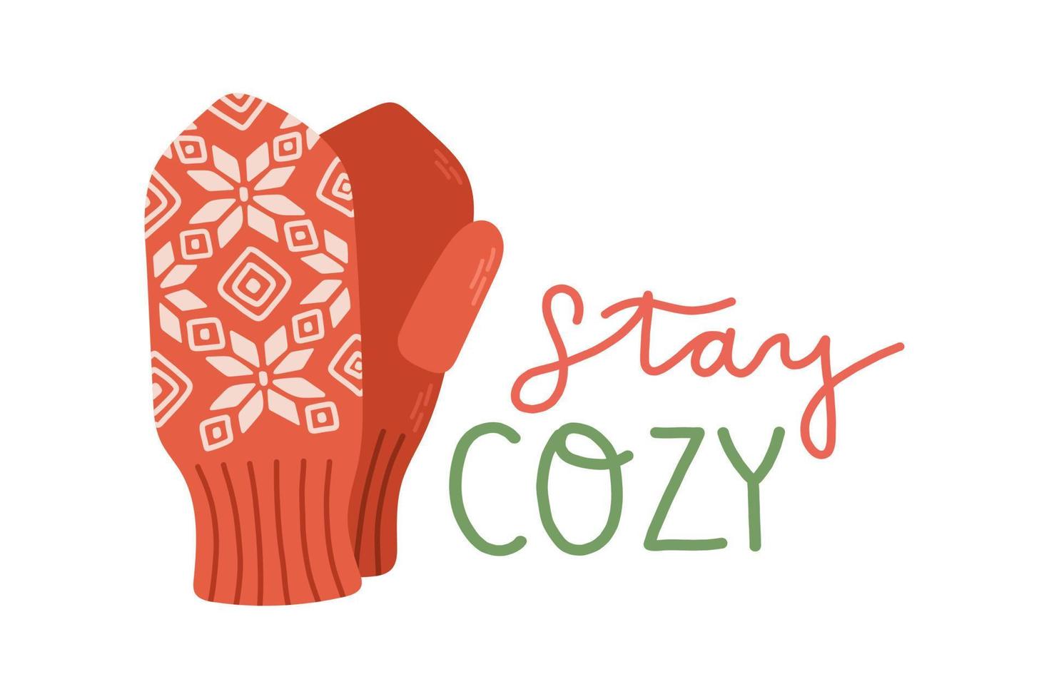 Winter woolen mittens lettering flat design vector illustration