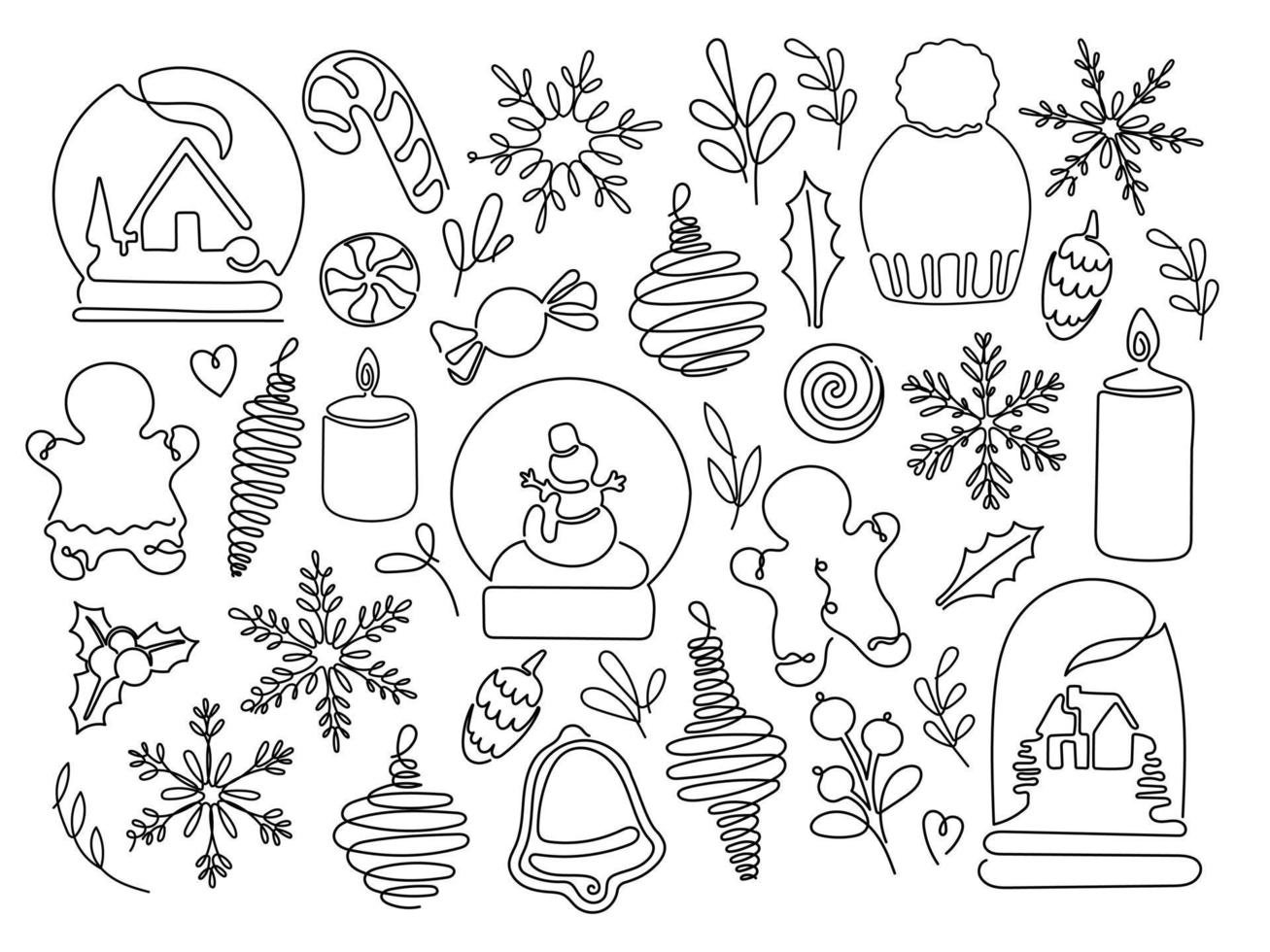 Line art christmas elements single line set vector illustration