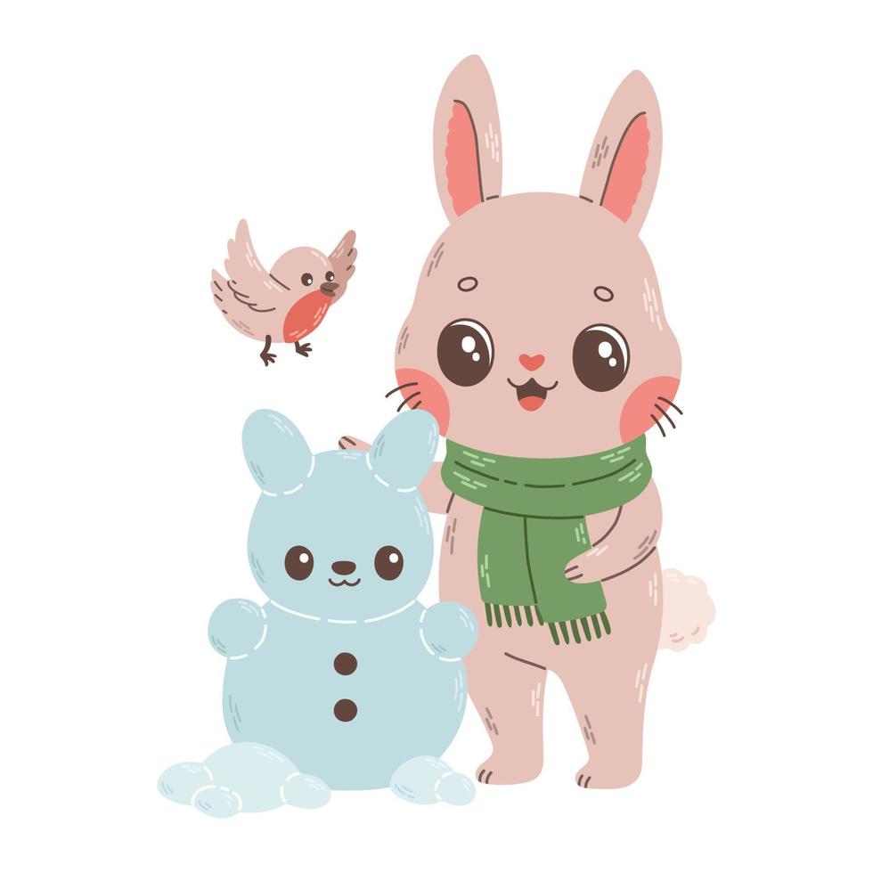 Cute rabbit making bunny snowman with bird vector illustration