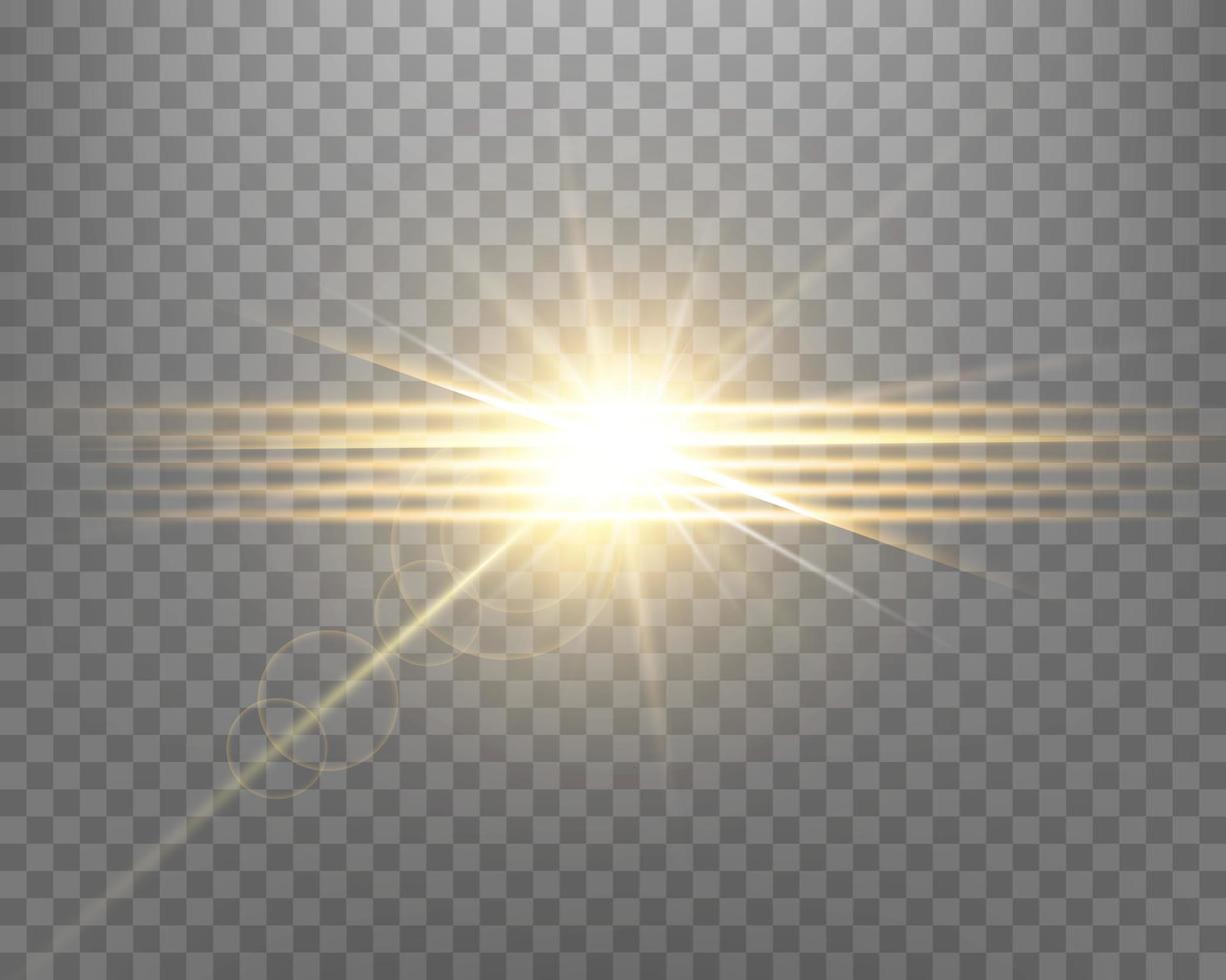 Sunlight lens flare, sun flash with rays and spotlight. Gold glowing burst explosion on a transparent background. Vector illustration.