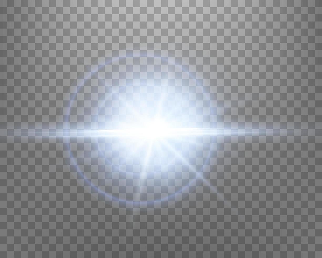 Blue sunlight lens flare, sun flash with rays and spotlight on a transparent background. Vector illustration.
