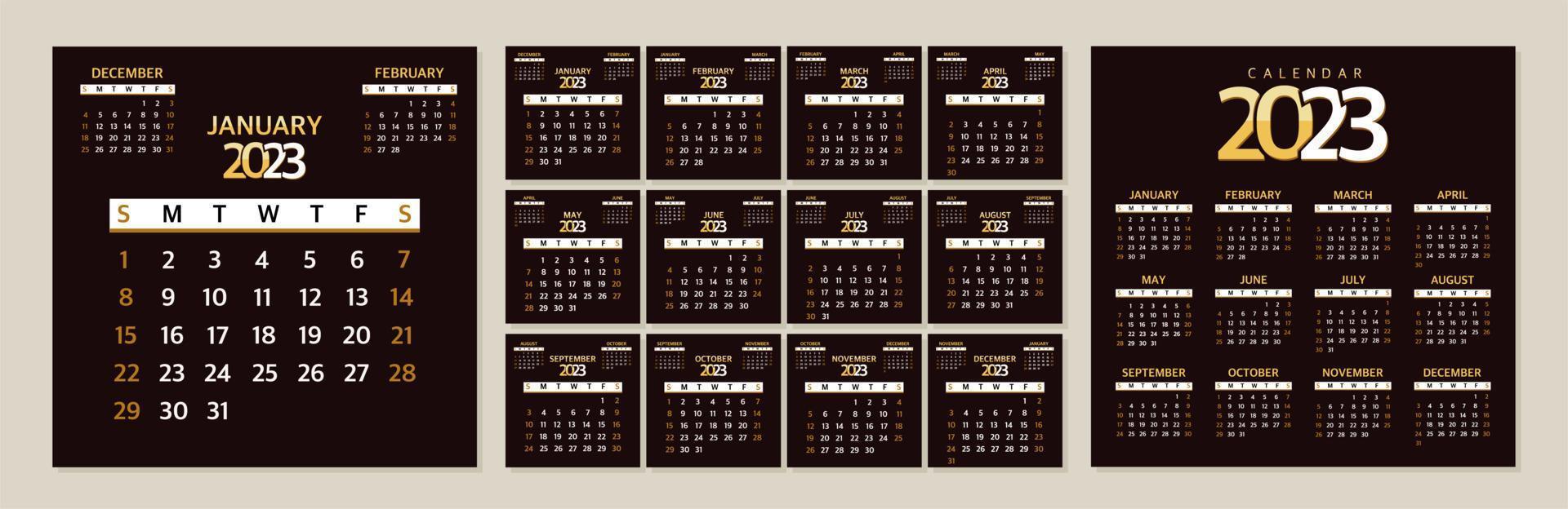 Calendar 2023 Planner template, the beginning of the week on Sunday. Vector illustration on a black background