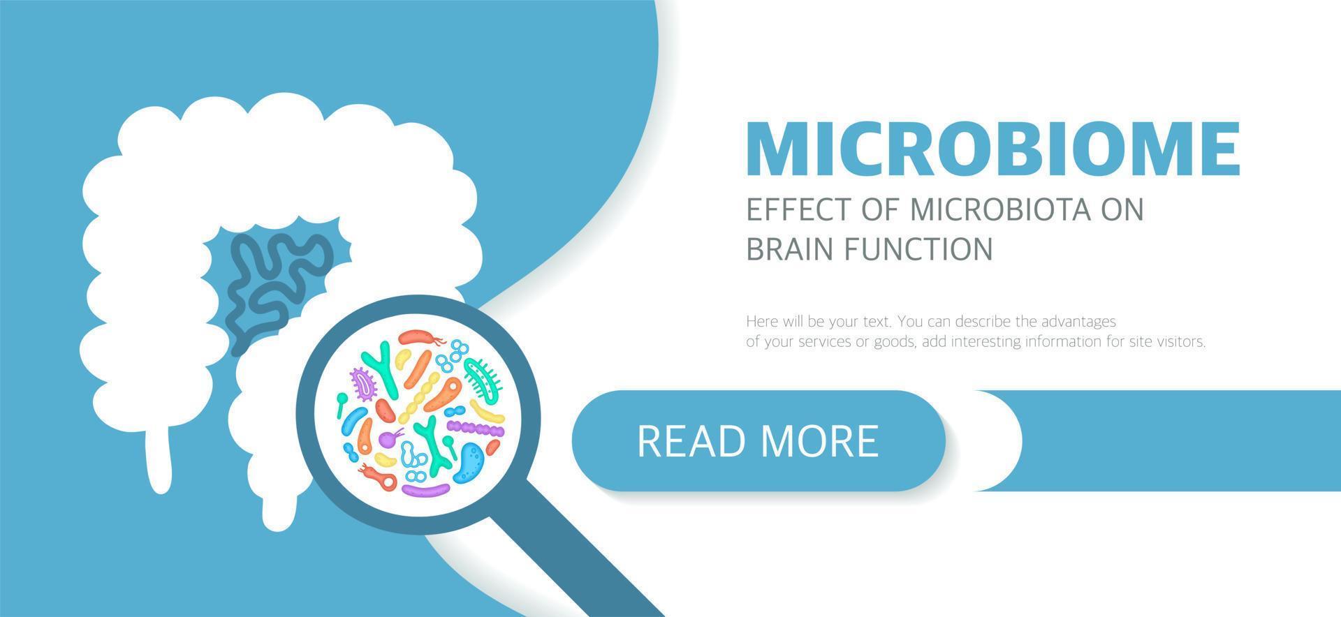 Microbiome website landing page template with intestines and bacteria, mailing list, advertising, label, presentation. Vector background gastroenterologist.