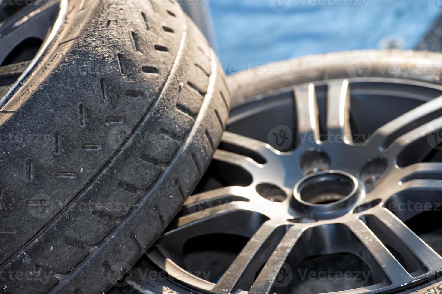 Racing car tire close up photo