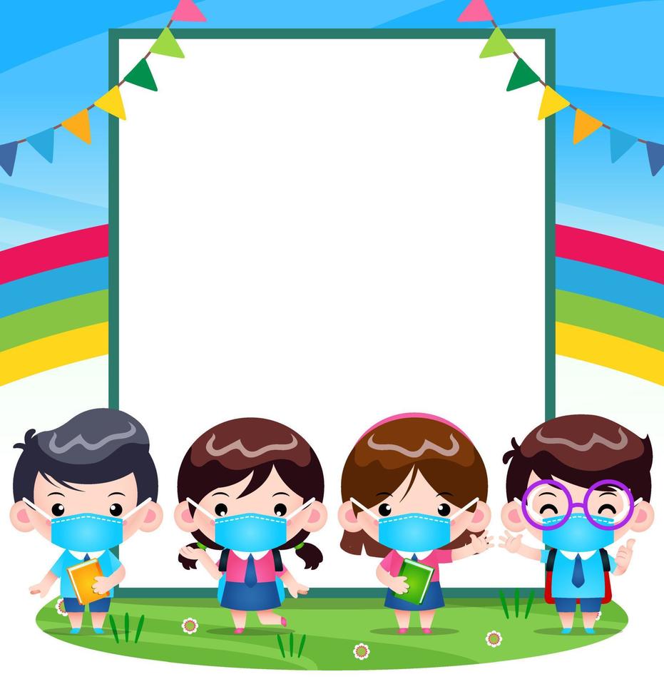 Kids Student With Medical Mask On Front Big Banner vector