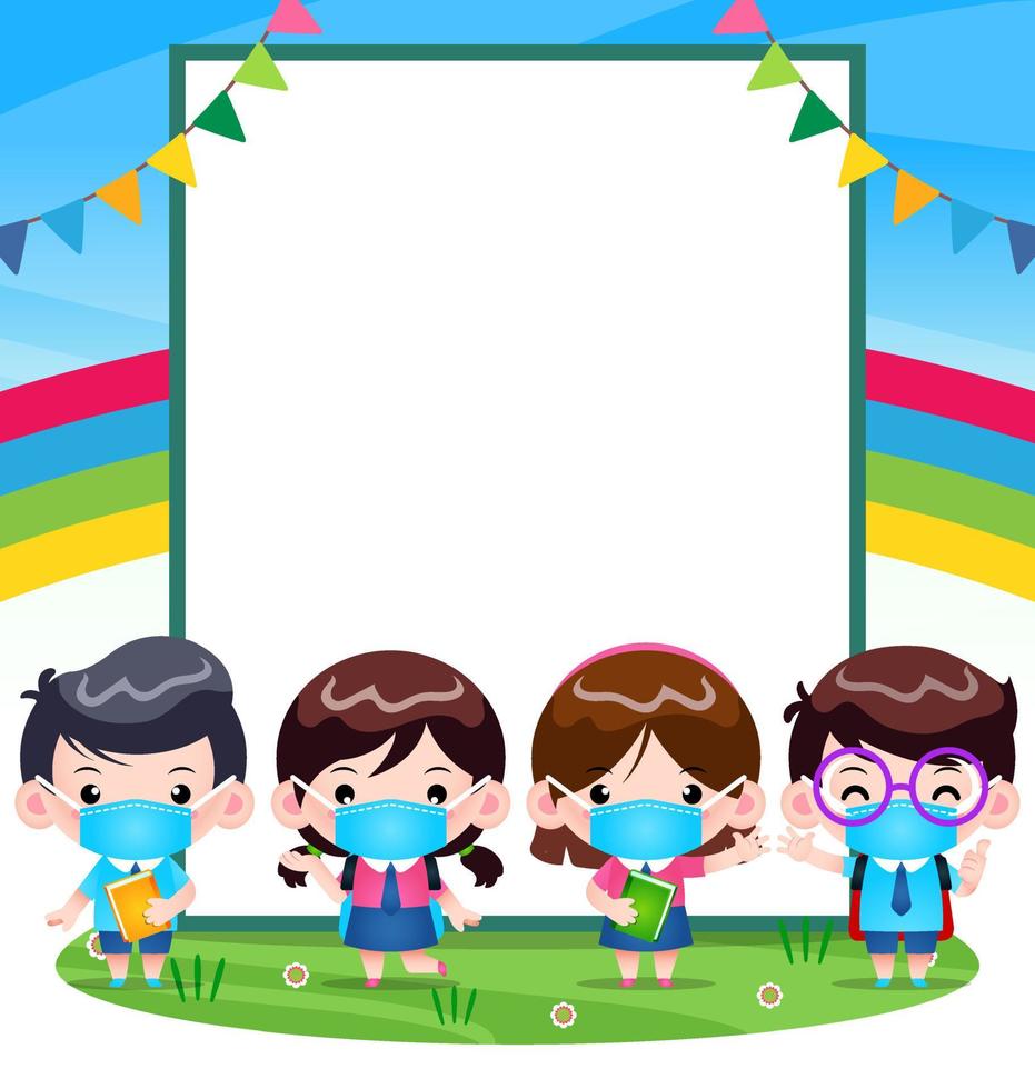 Kids Student With Medical Mask On Front Big Banner vector