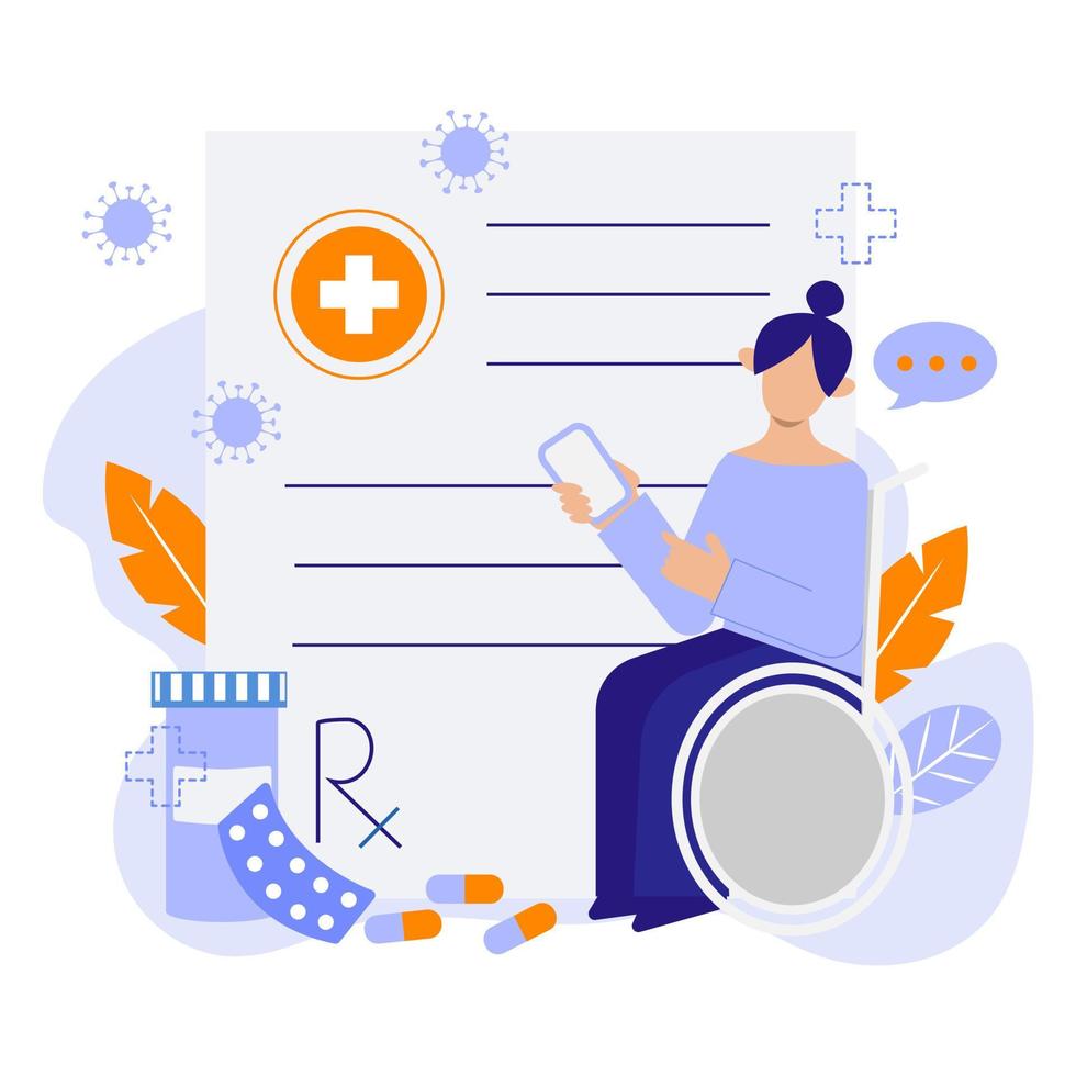 Online prescription vector concept illustration. Online prescription is a comfortable way to get medical purpose for people who are staying at home. Flat vector cartoon style.