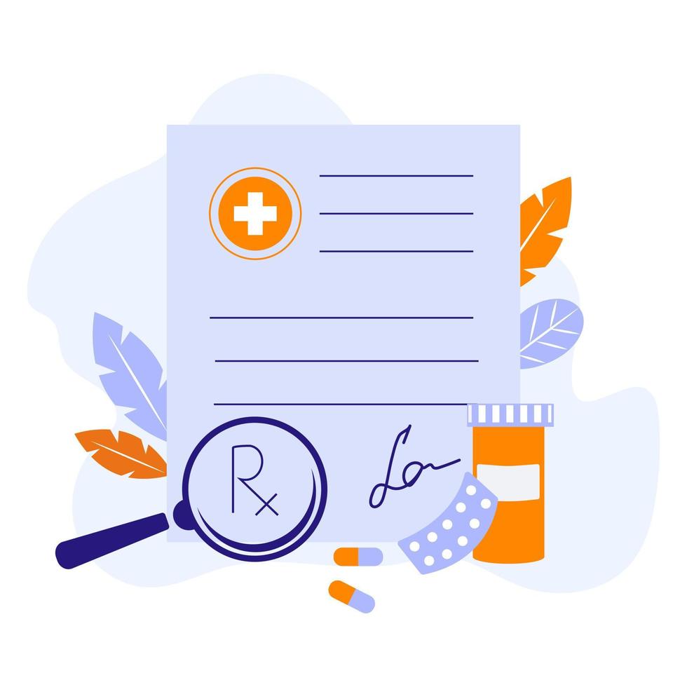 Prescription paper vector concept illustration. Online prescription vector concept. Flat vector cartoon style.