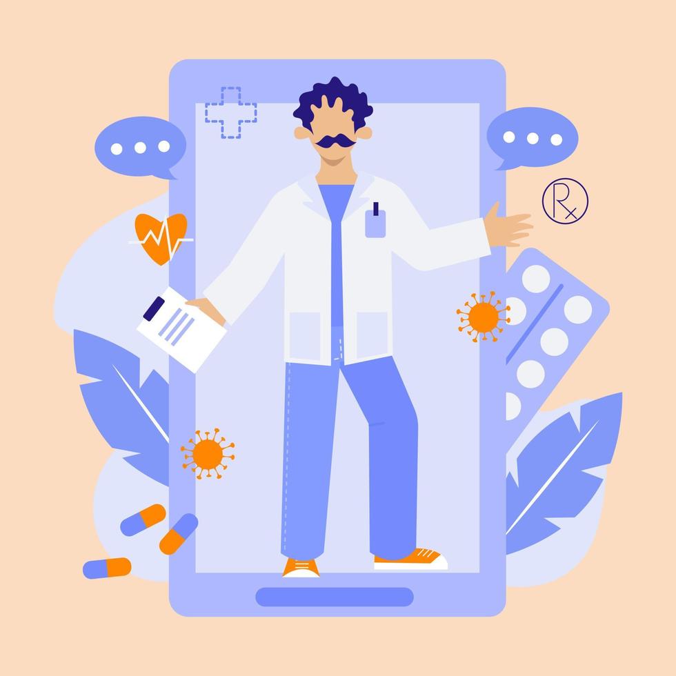 Online prescription from doctor. Doctor gives prescription via smartphone. Vector flat illustration in cartoon style.