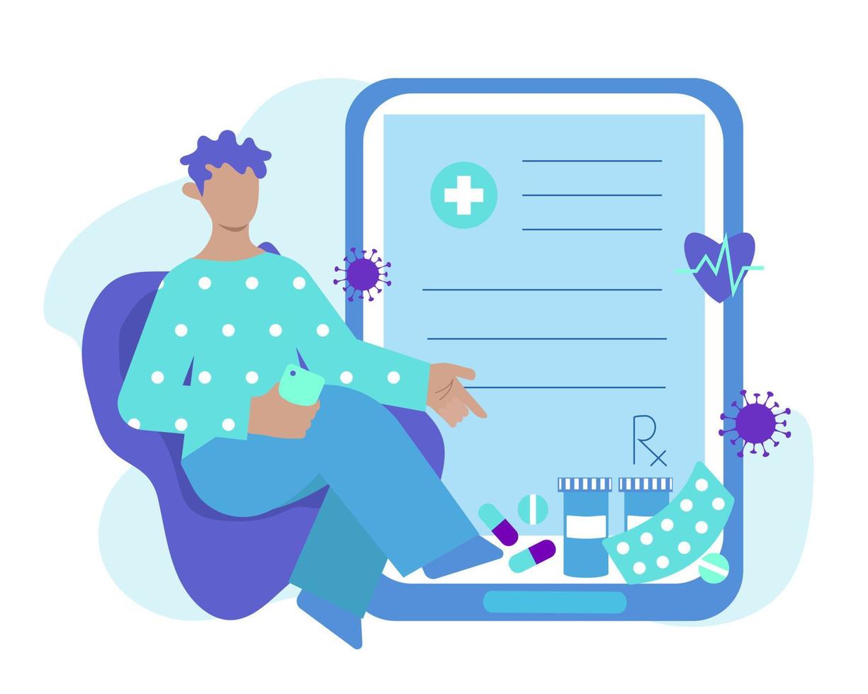 Prescription online vector concept illustration. Man is getting online prescriptions while staying at home.