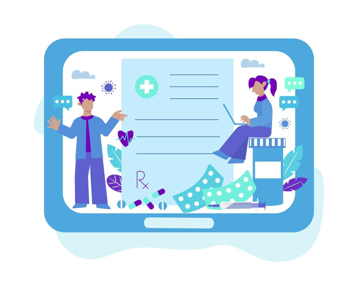 Prescription online vector concept illustration in flat cartoon style. Medical workers are workin on prescriptions online for patients who staying at home.