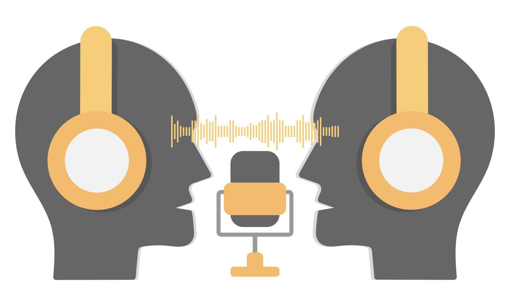 Two heads with microphone talking to each other. Podcast vector concept illustration.