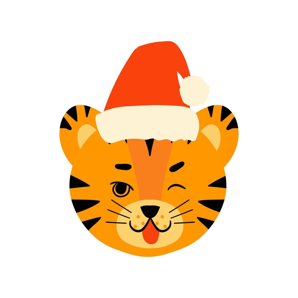 tiger face head santa hat set vector