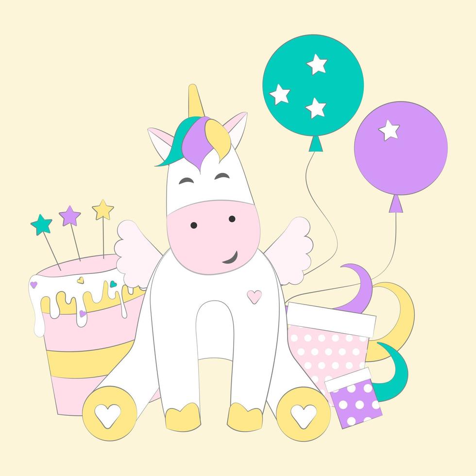 Unicorn vector illustration in flat cartoon style. Vector unicorn with cake and present boxes, isolated.