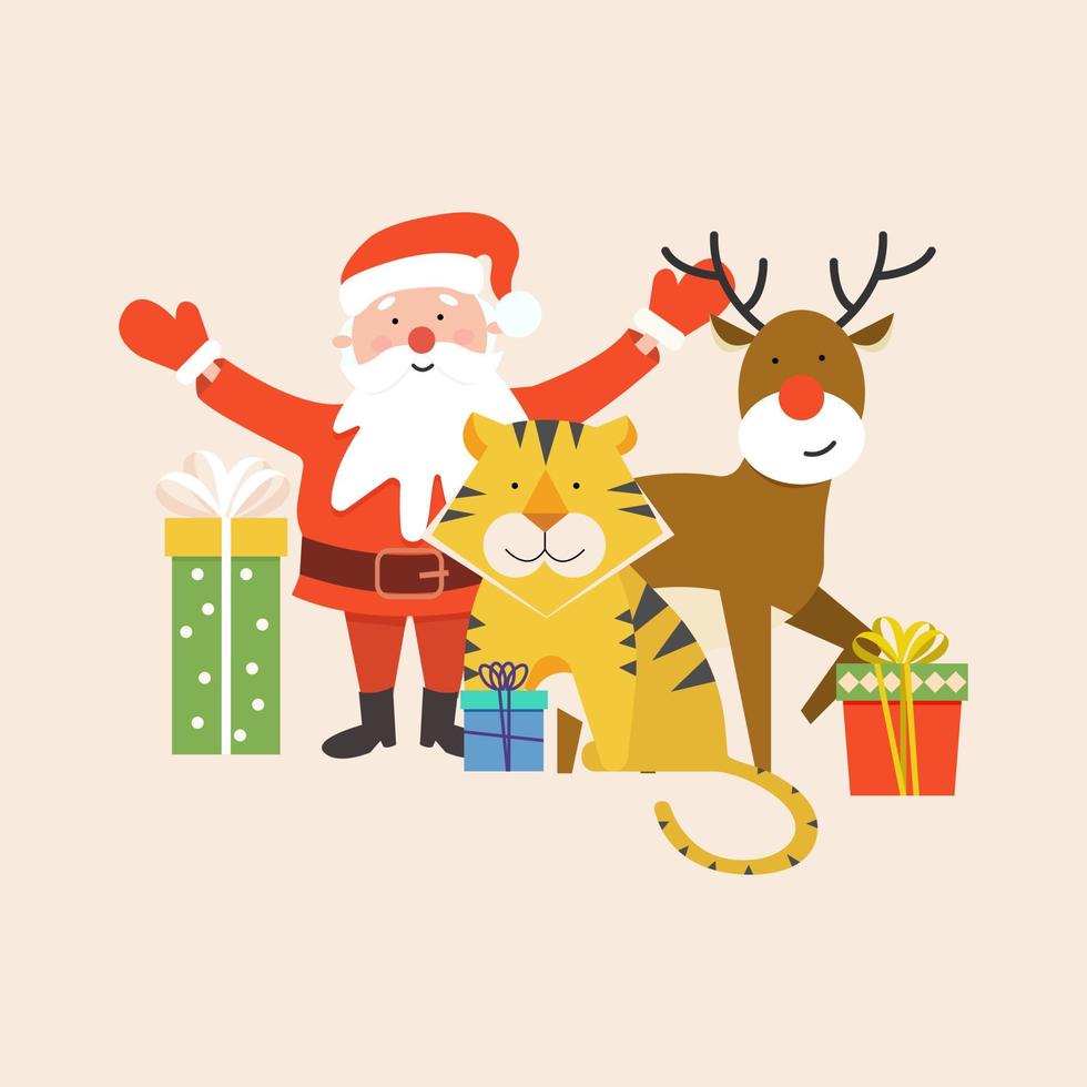 santa claus festiva, ciervo de navidad y tigre con cajas de regalo sobre fondo claro. ilustración brillante de vector plano en estilo de dibujos animados.