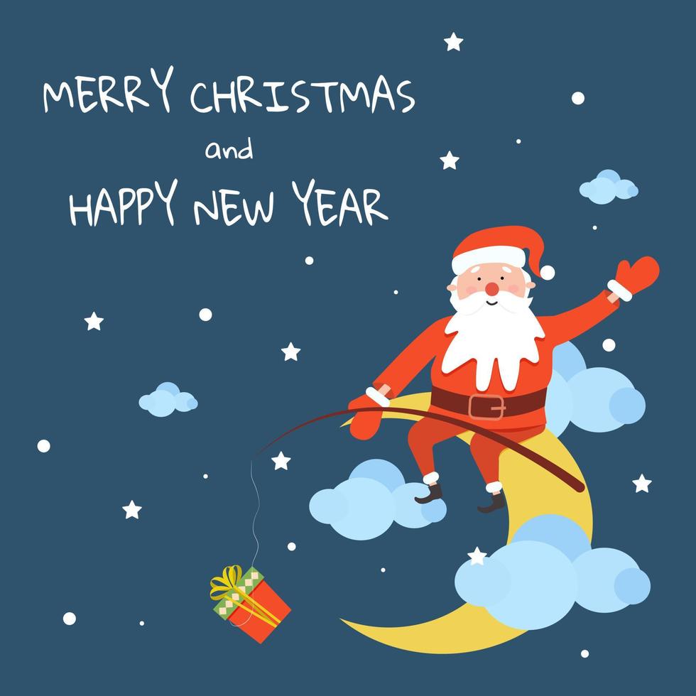 Christmas greeting card with Santa Claus. Vector flat cartoon. Merry Christmas and happy new year vector postcard.