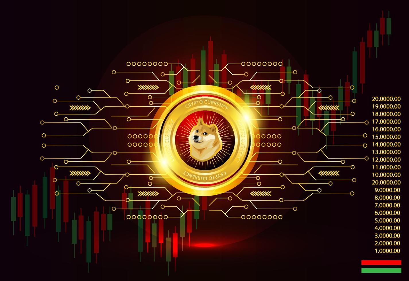 dogecoin de criptomoneda con fondo de circuito digital vector