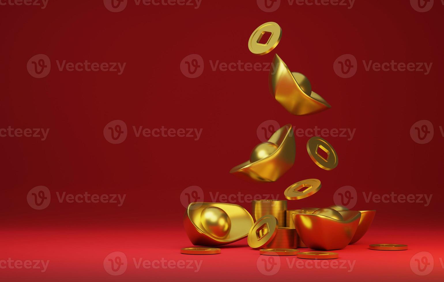 Gold ingots and ancient Chinese gold coins falling on the red background.  3d illustration, 3d rendering photo