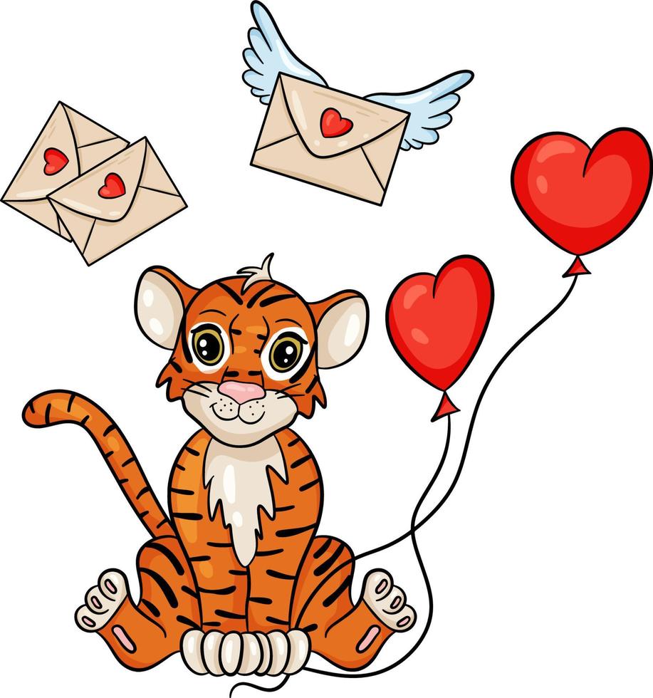 Tiger with red balls in the shape of heart. Symbol of the new year according to the Chinese or Eastern calendar. Vector editable illustration, cartoon style