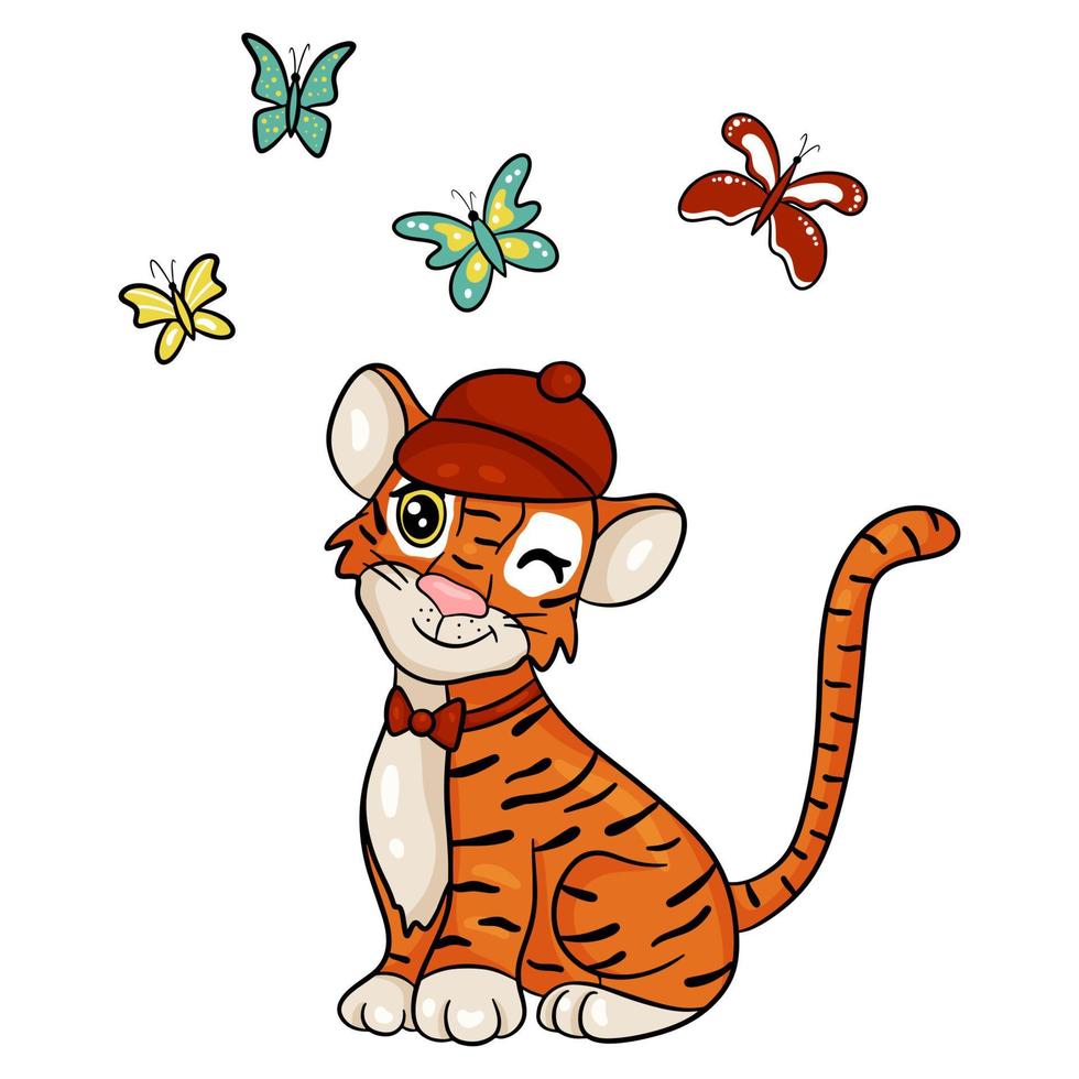 Tiger is symbol of the new year according to the Chinese or Eastern calendar. Wearing a hat with flying butterflies. Vector editable illustration, cartoon style.