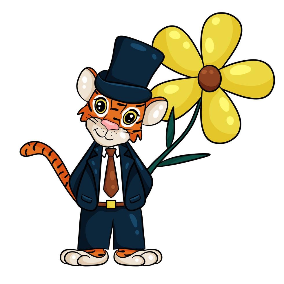 tigre es símbolo del año nuevo según el calendario chino u oriental. en traje y sombrero de copa, con gran flor amarilla. contorno para colorear. ilustración vectorial editable, estilo de dibujos animados vector