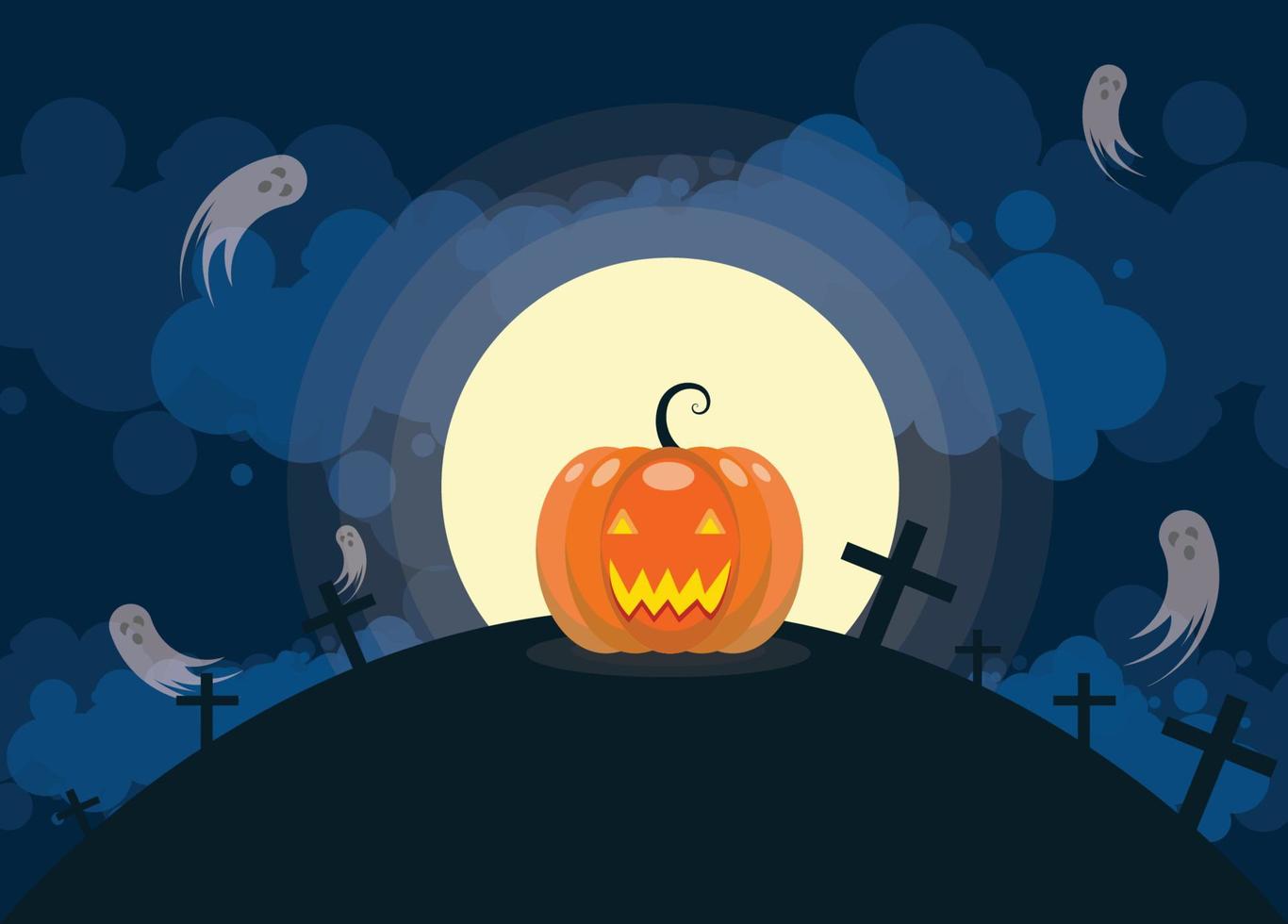 calabaza de halloween y fantasmas bajo la luz de la luna llena. vector