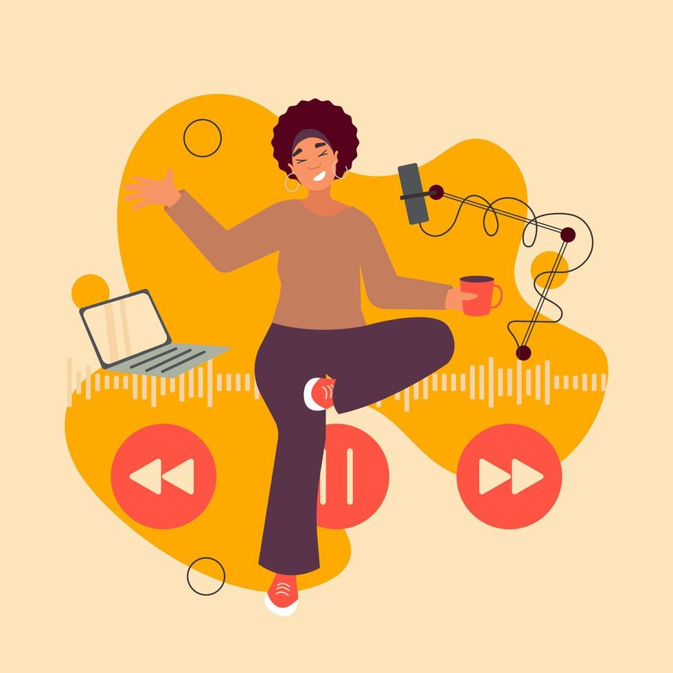 Woman is talking to a microphone. Woman with a cup is sitting on the audio reactor and recording a talkative podcast. Vector concept illustration in flat cartoon style.