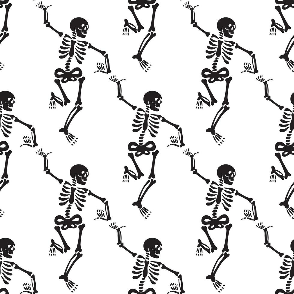 Seamless pattern with black skeletons, vigorously dancing and having fun on a white background. vector