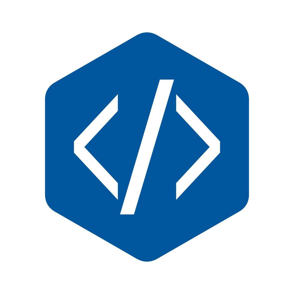 emblema de código, hexágono azul, corchetes de ángulo blanco, icono html. vector