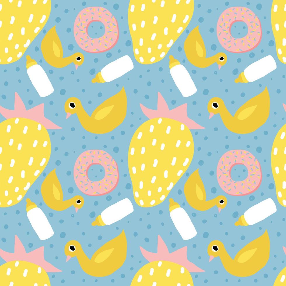 Seamless pattern for children. Background for decoration of fabric pattern. Strawberry, duck, milk bottle and donut vector. vector
