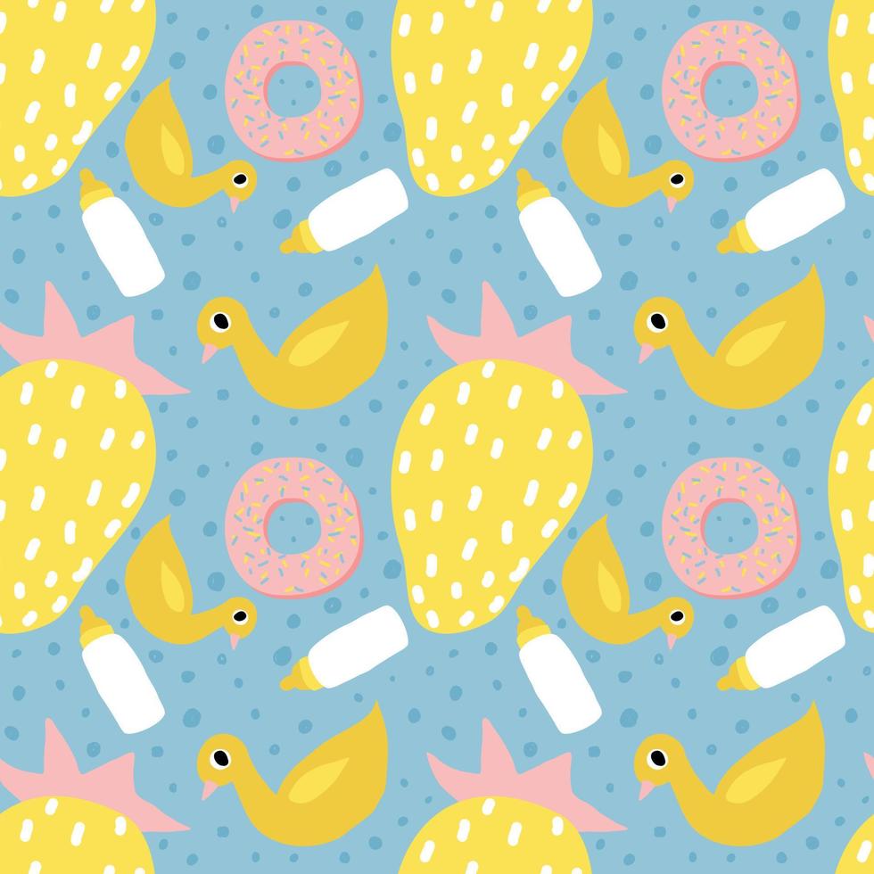 patrón sin costuras para niños. fondo para la decoración del patrón de tela. vector de fresa, pato, botella de leche y donut.