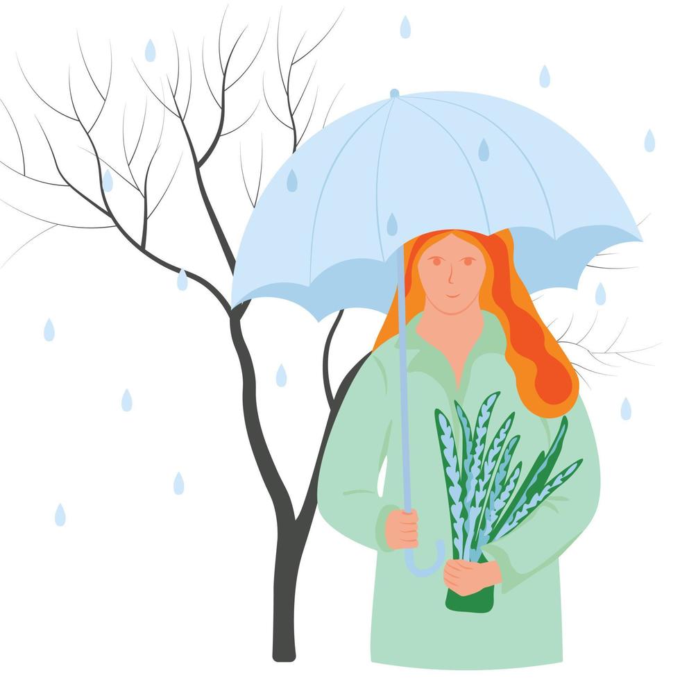 A girl with an umbrella. It's raining, it's cool. Autumn. Drizzle outside. She holds a bouquet of flowers in her hands. Vector stock illustration. Isolated on a white background. March. Spring.