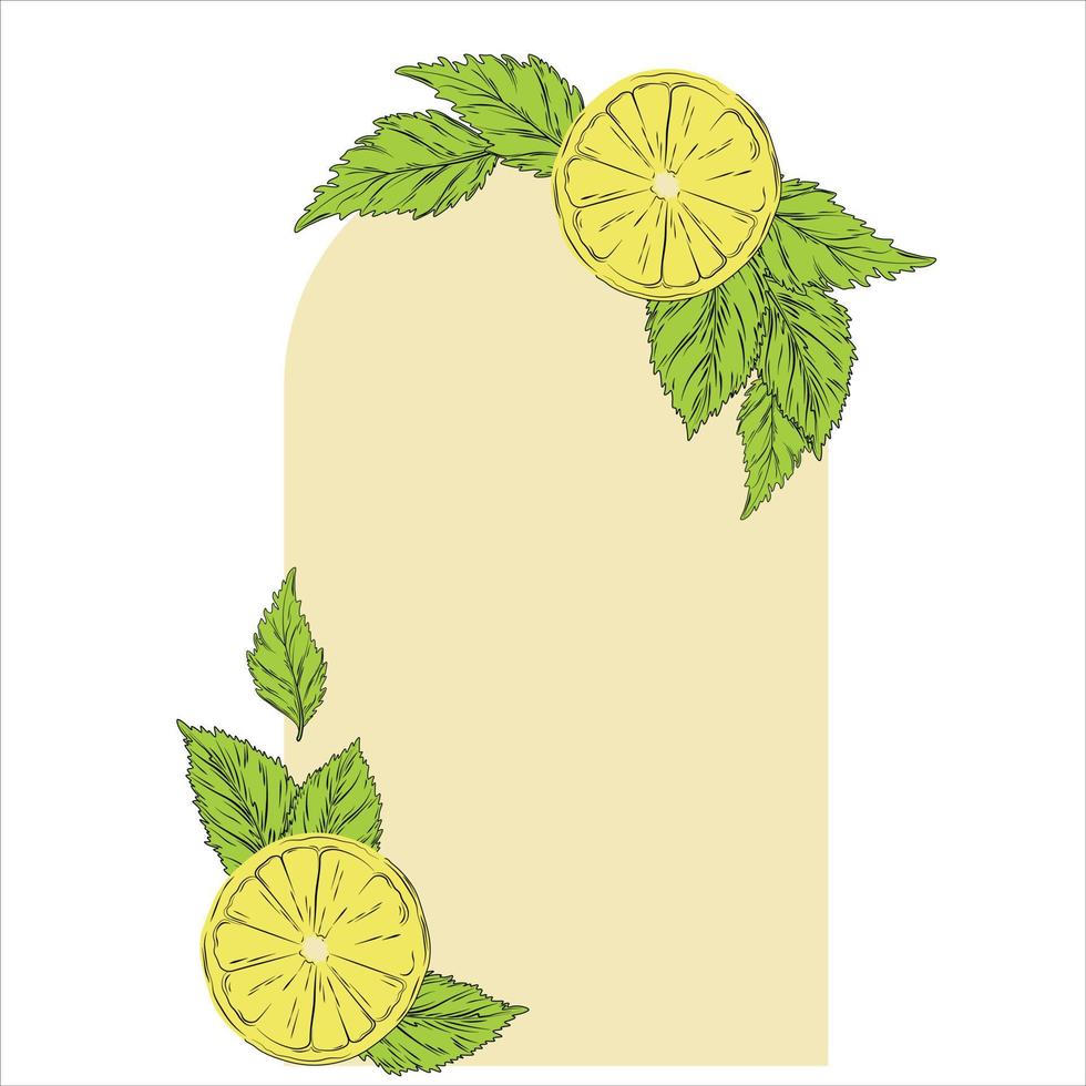 Frame with mint leaves and ripe lemons. arch with fruit. Floral frame, border with leaves, wreaths, flower elements. Vector stock illustration. Isolated on a white background.