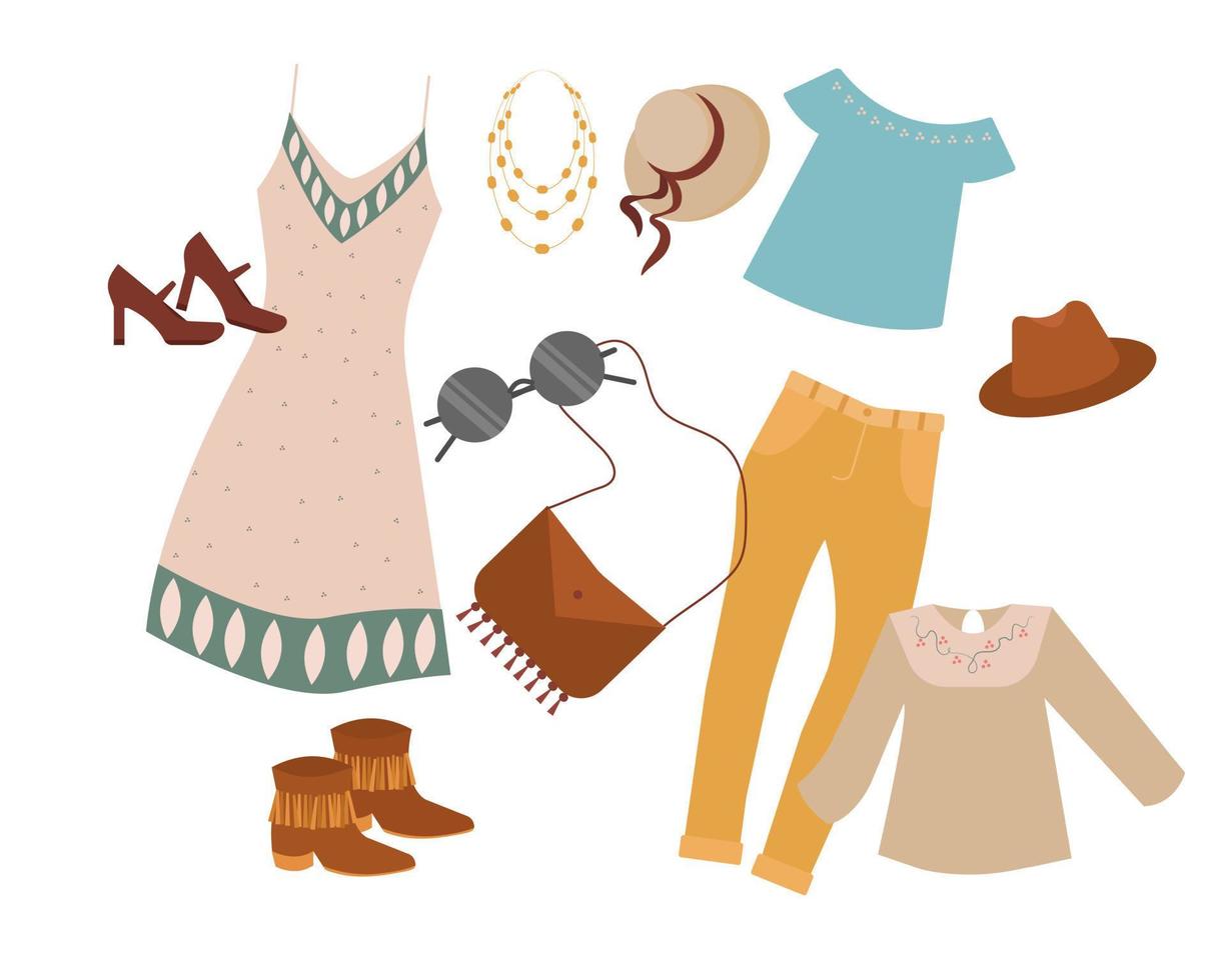 conjunto de ropa boho. ilustración vectorial en estilo de dibujos animados planos. concepto vectorial de trajes boho. vector