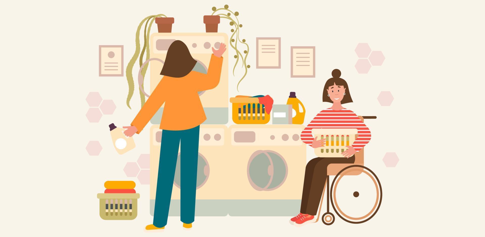 Woman in a laundry vector flat illustration.