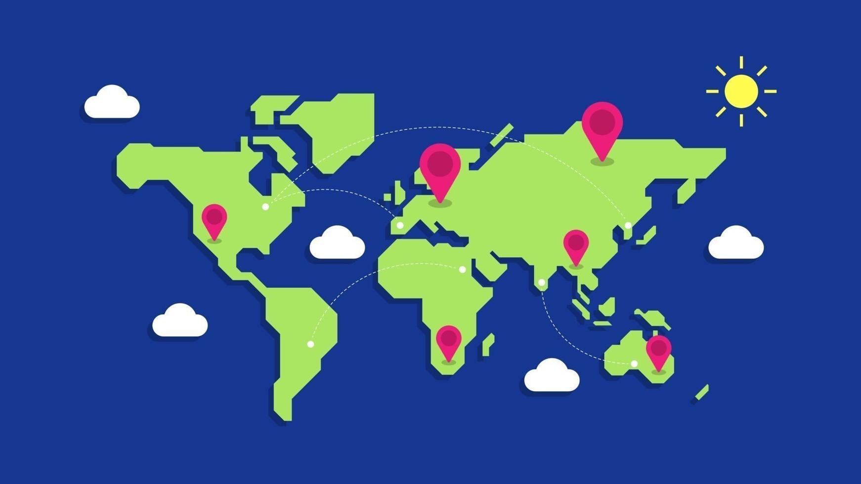 ilustración de mapa mundial con pines de ubicación geográfica vector