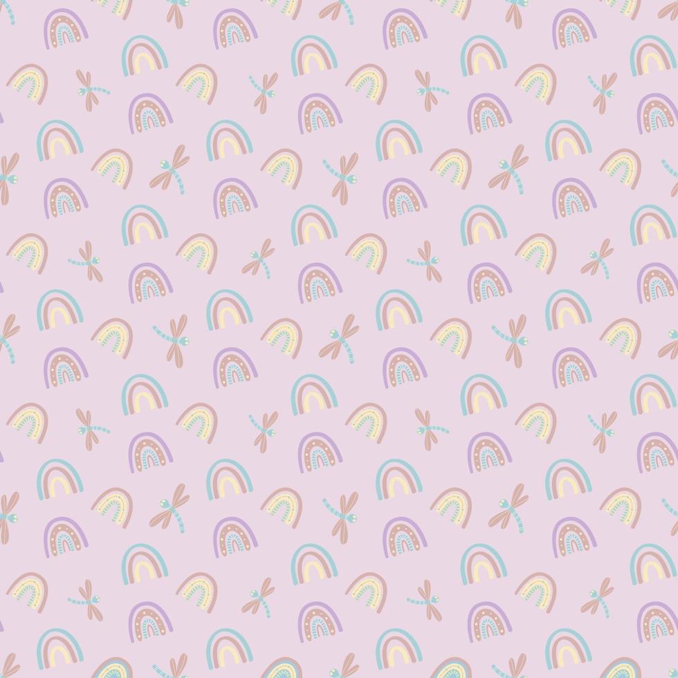 pattern with rainbows and dragonfly vector