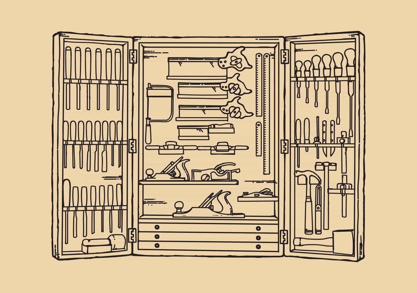 herramientas de carpintería colgadas en la pared en la ilustración vectorial del taller de madera. estante de gabinete de carpintería en la pared. vector