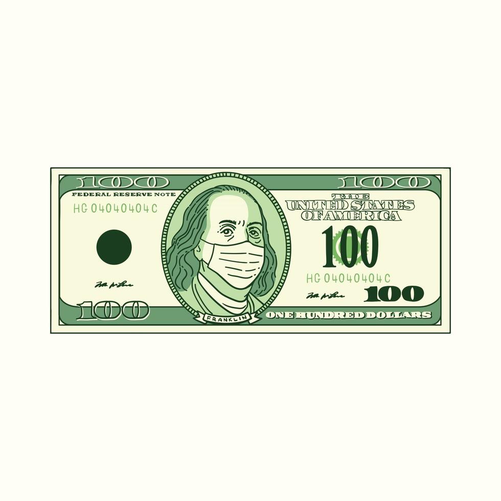 Post covid economy concept. 100 dollars bill with face mask on. a cartoon vector illustration of hundred dollar bank money for post covid economy