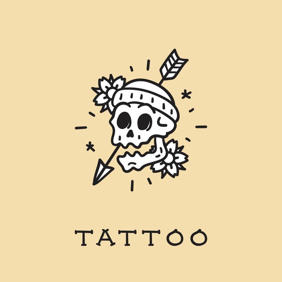 Retro cartoon skull flash tattoo drawn in authentic old-school technique. Skeleton drawing with flowers. vector