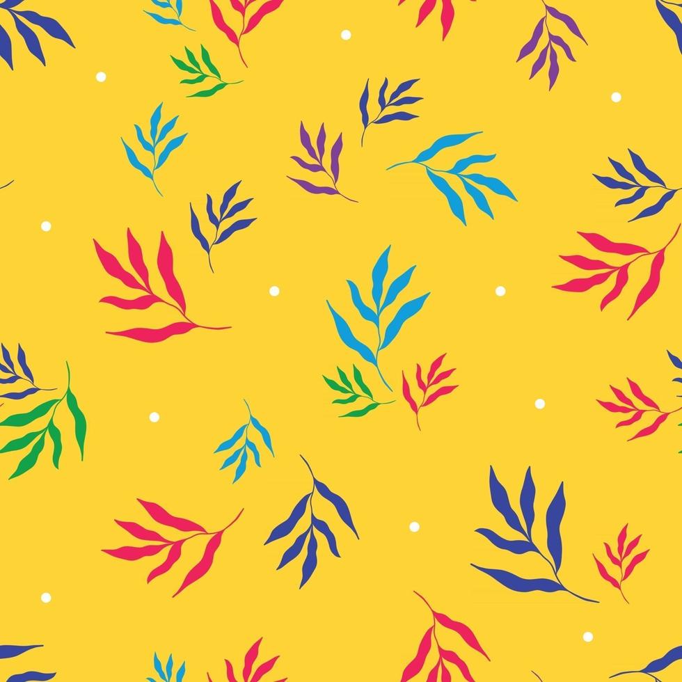 ilustración vectorial de hojas multicolores brillantes de plantas tropicales que forman un patrón sin costuras sobre fondo amarillo vector