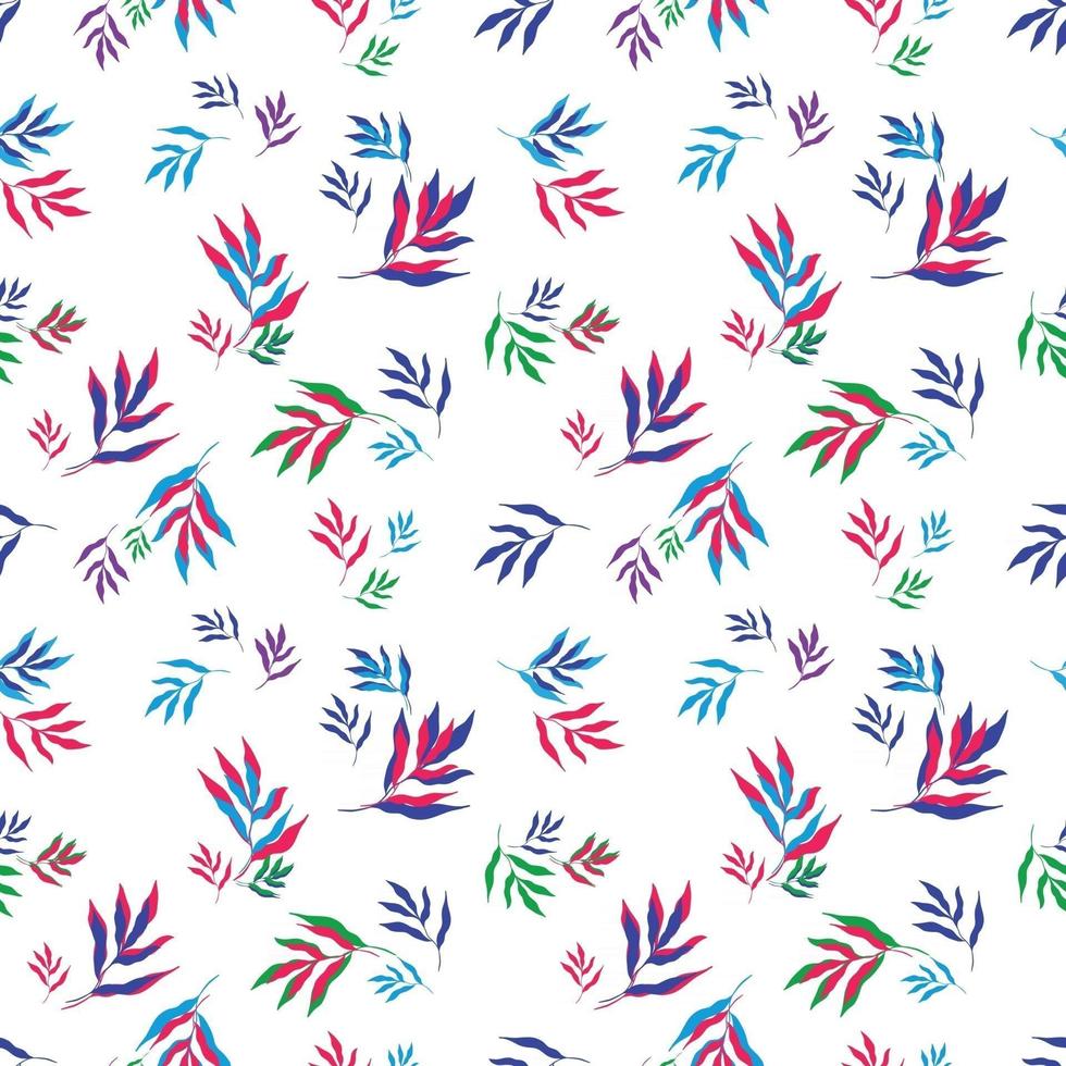 Vector illustration of bright multicolored leaves of tropical plants forming seamless pattern on white background