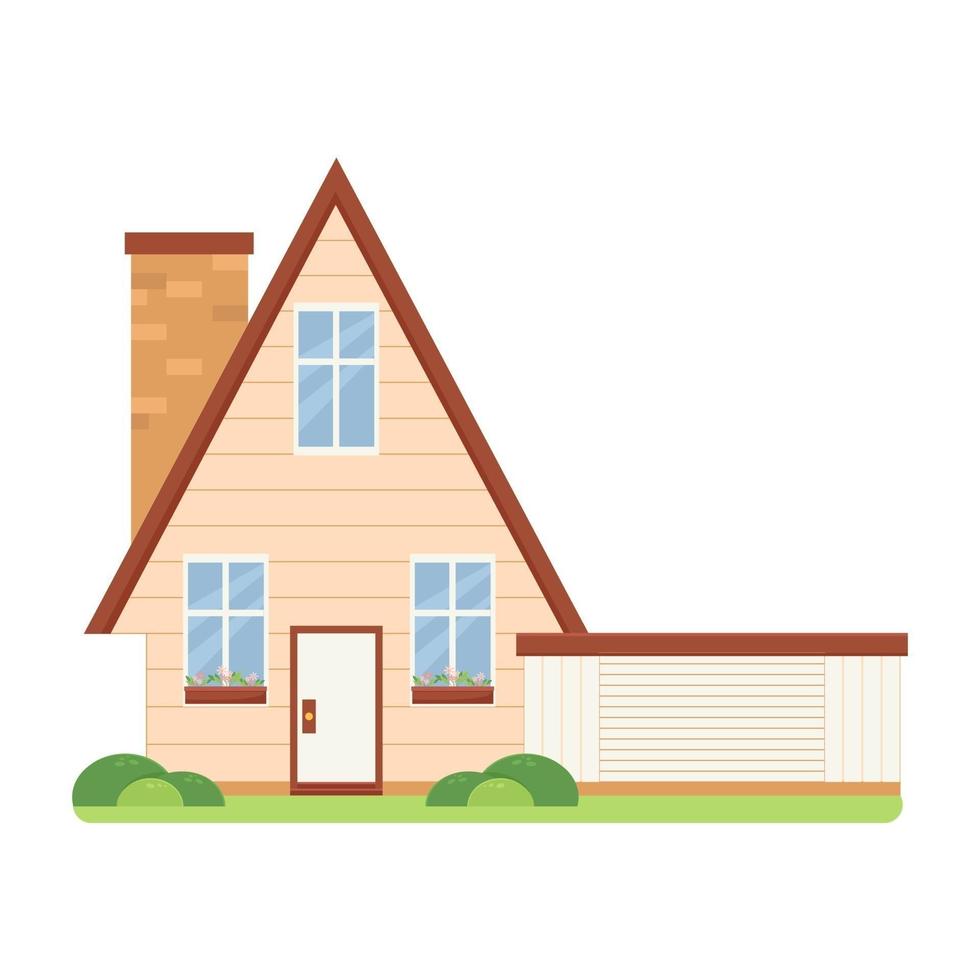 Family house in flat style, house with garage, flowers on the windowsill. vector