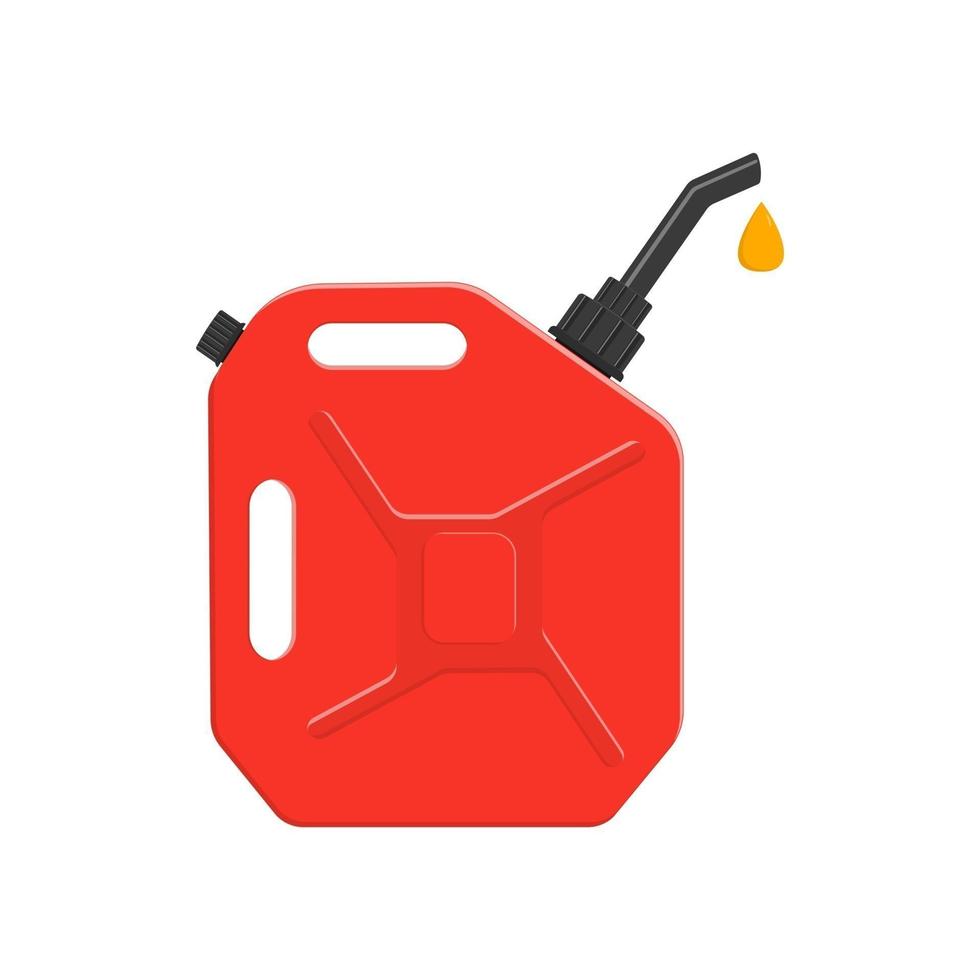 Fuel canister with pouring petrol drop. Leaking gasoline can, petrol container vector