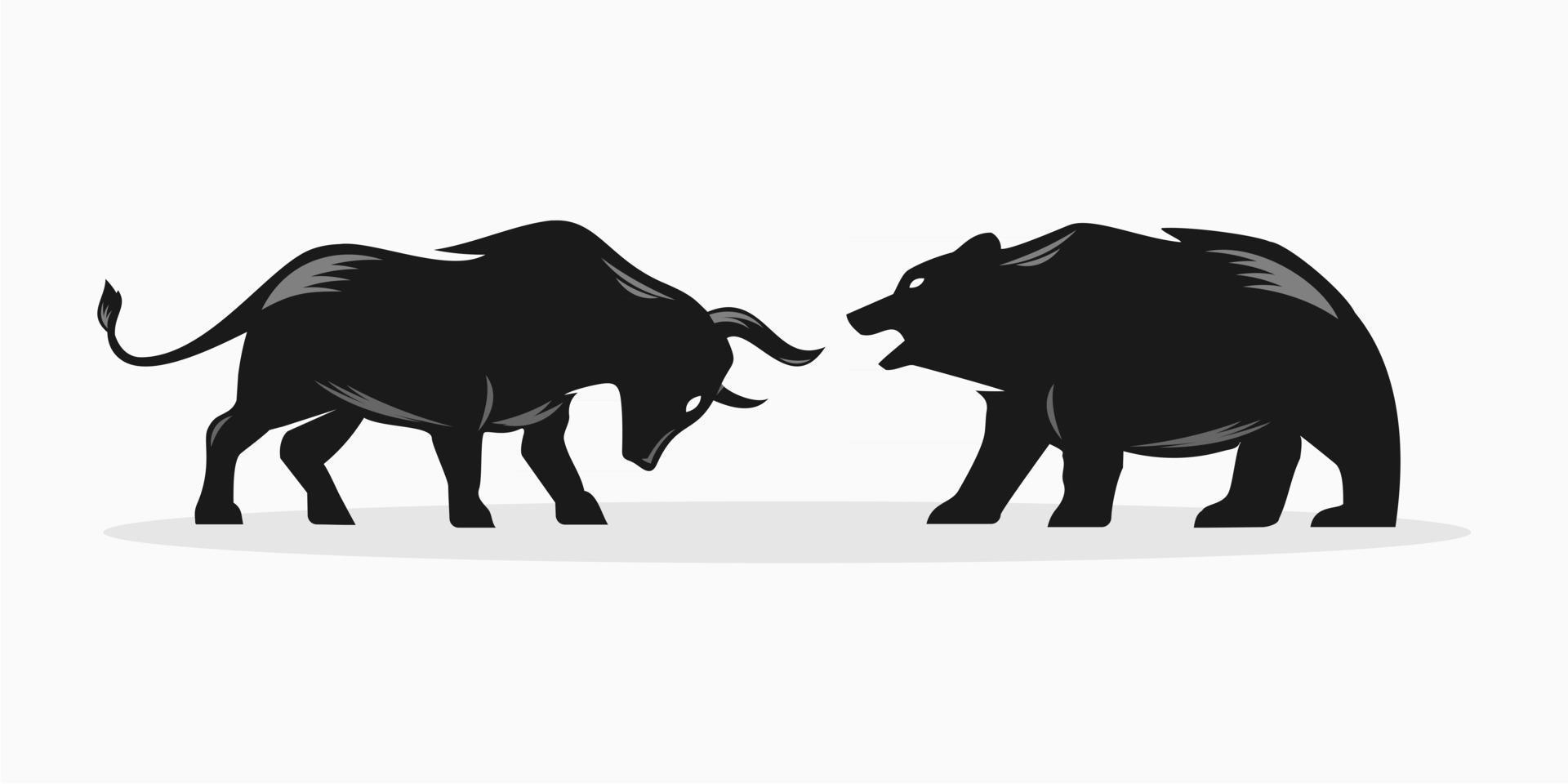 Ilustración de vector de toro versus oso, concepto de bolsa de valores o negocio de tecnología financiera, el concepto de crecimiento y caída