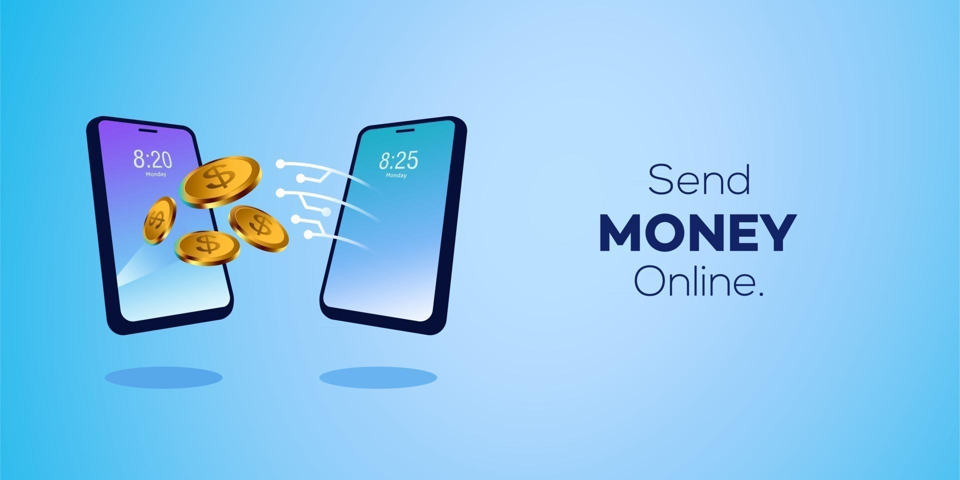 banca por Internet con ilustración 3d de transacciones en línea de teléfonos inteligentes con espacio de copia. fondo de tecnología de banner de ilustración de transferencia de dinero de moneda de oro vector