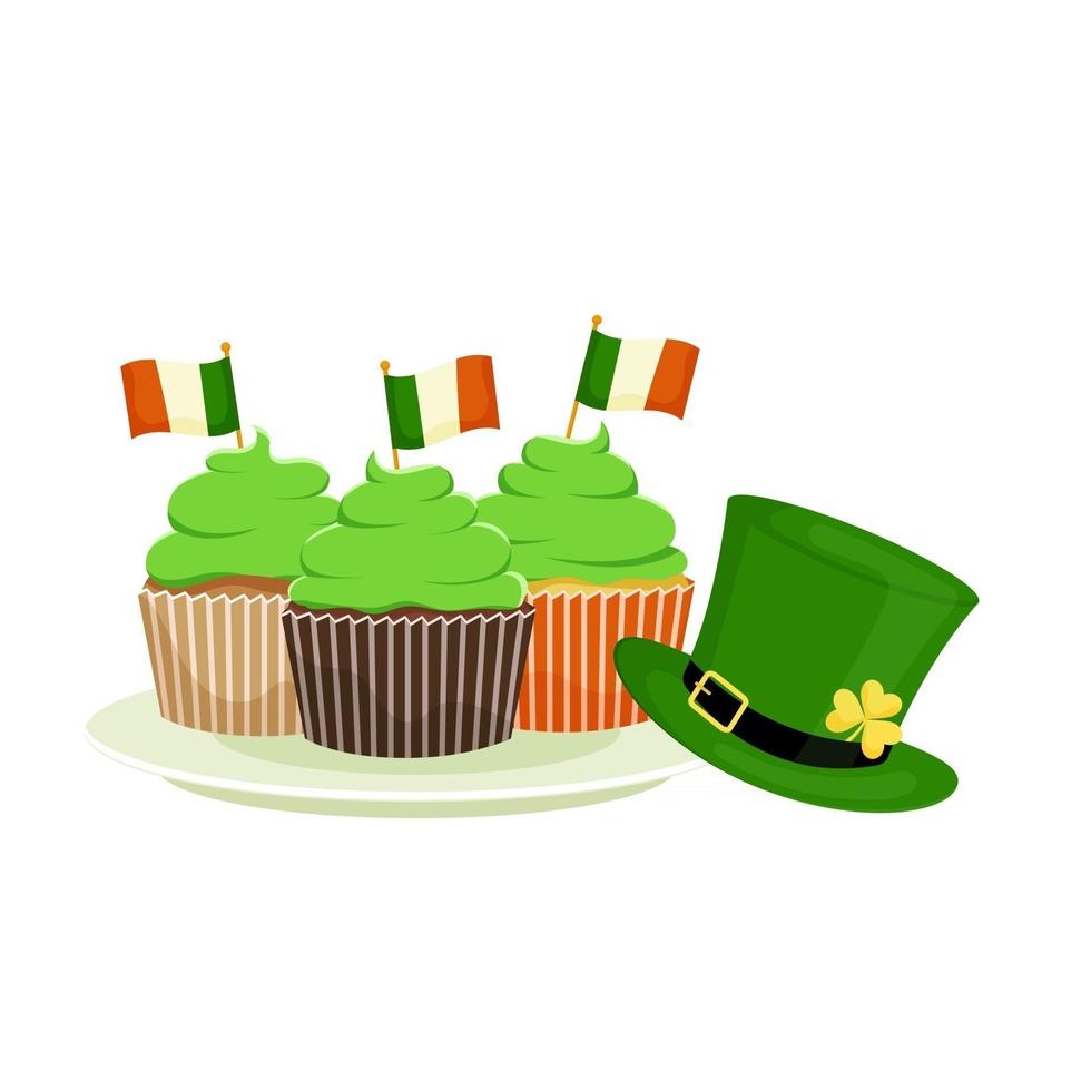 A set of St. Patrick s cupcakes, a leprechaun hat. Flat cartoon vector illustration isolated on a white background.