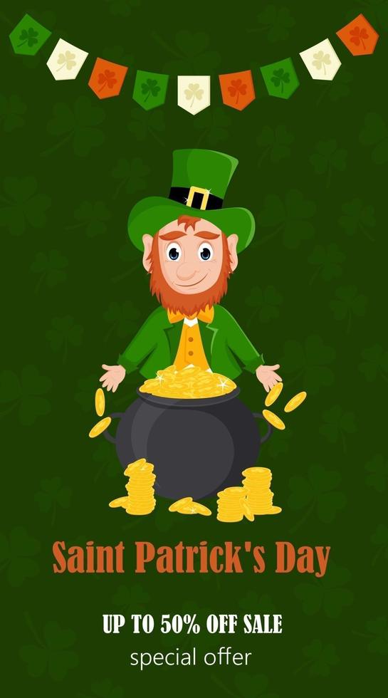A St. Patrick's Day flyer, a brochure, an invitation to a sale, a leprechaun with a pot of gold. Vector illustration on a green background.