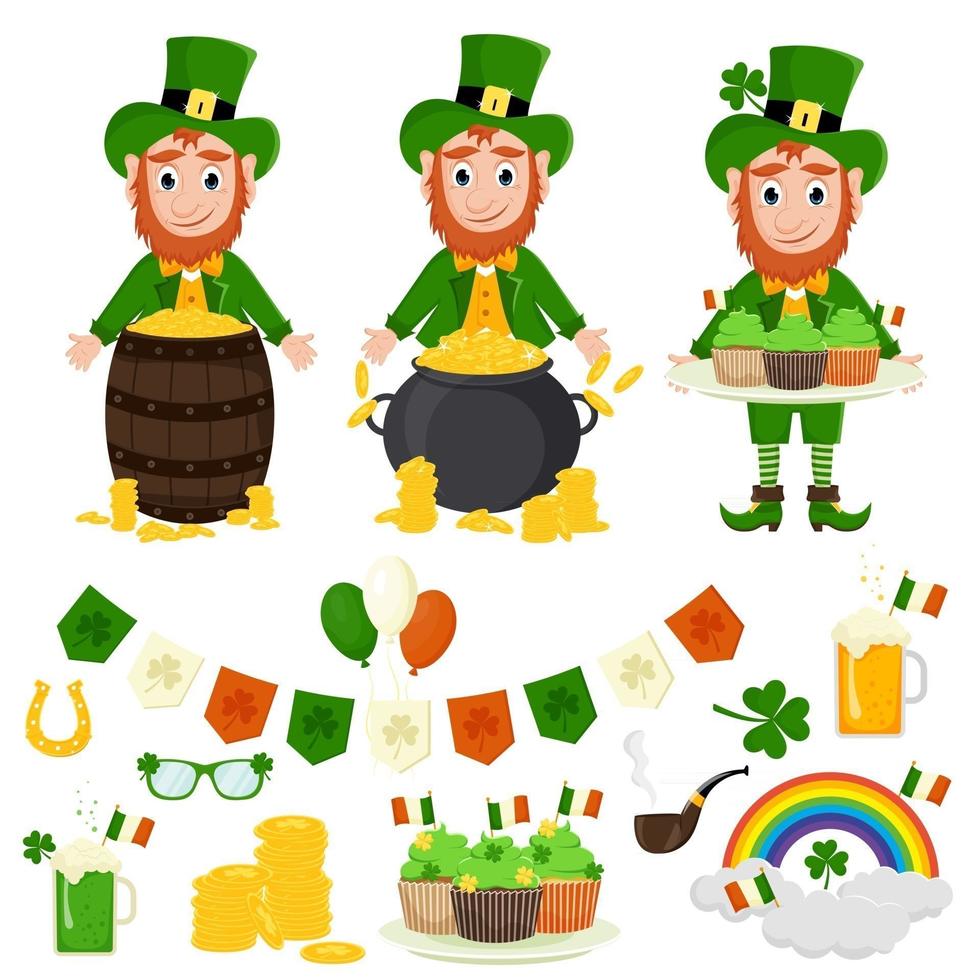 St. Patrick's Day vector icons set isolated on a white background. Flat style, cartoon style elements, shamrock, leprechaun with gold, with cakes, rainbow, beer, pipe, coins, horseshoe.